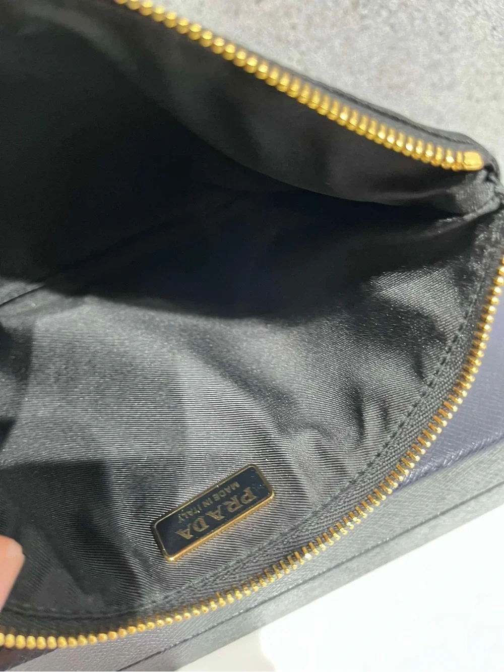 Prada Black Nylon Zip Pouch with Gold Triangle Logo Plate